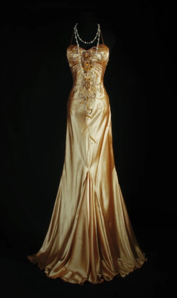 Niulatu Spaghetti Strap Sheath Long Prom Dresses Silk Bead Gold Formal Dresses HZ1026